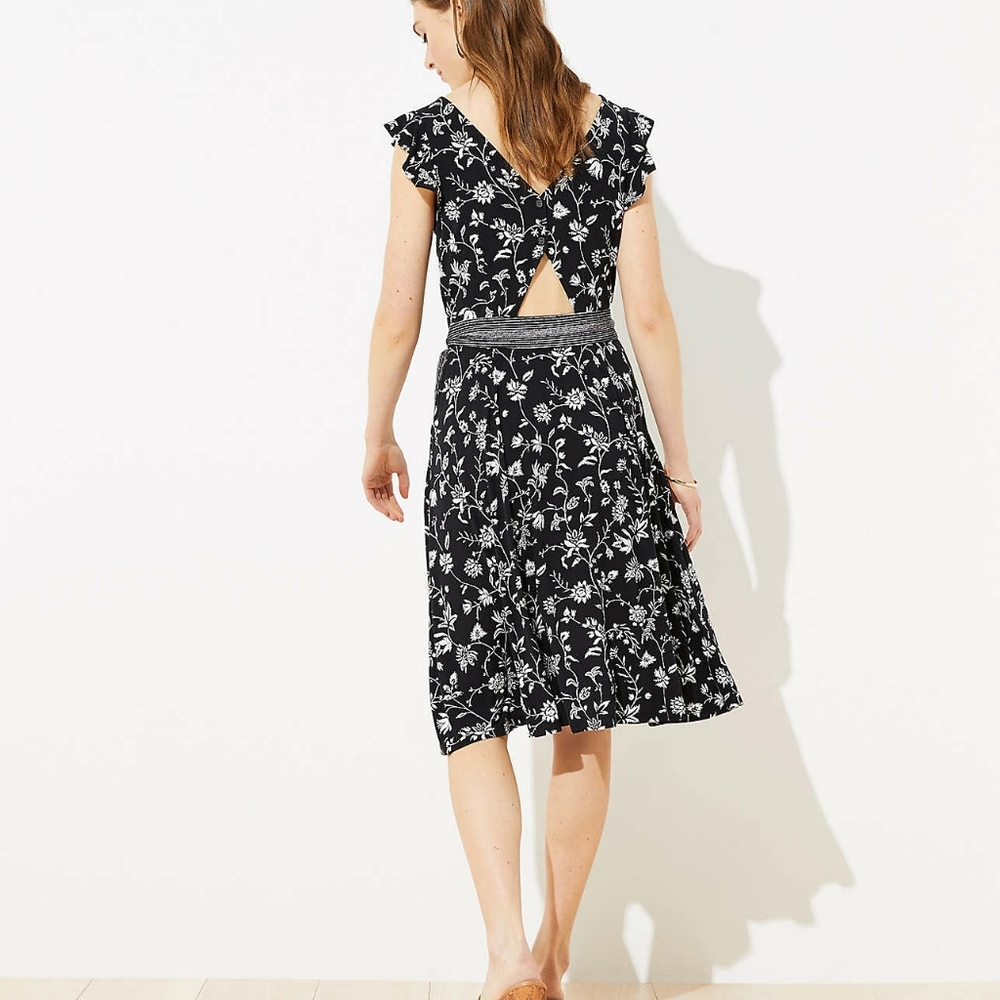 LOFT Rainforest Cutout Button Back Midi Dress, Floral Black and White. - Picture 5 of 15